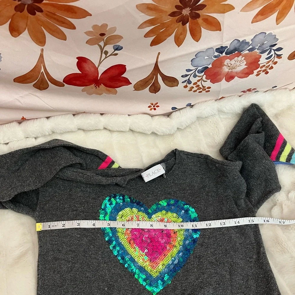 Place Girls 7/8 Grey Rainbow Heart Sequin Spring Colorful Top School Fall Winter